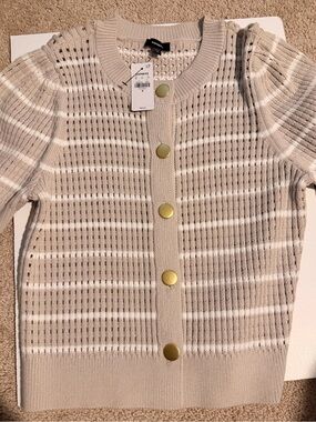 Express Beige and White Striped Short-Sleeve Cardigan with Gold Buttons